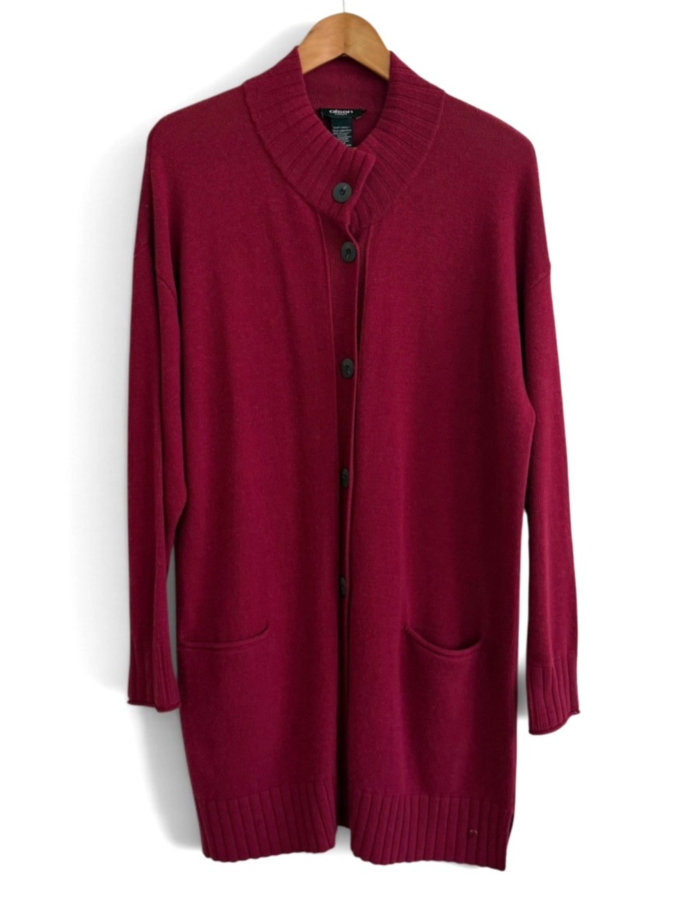 Olsen Europe Long Cardigan XL 16 Deep Cherry Red Duster Button Front Pockets